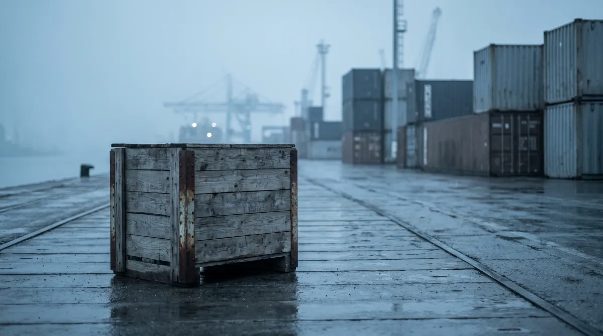 Cassa di legno grezza senza scritte su una banchina bagnata all'alba, container nella foschia