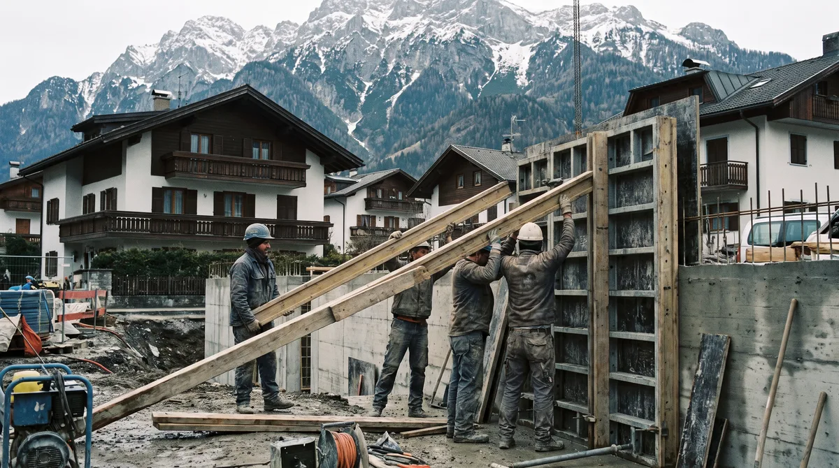 Squadra edile italiana al lavoro su un cantiere in un paese alpino con casseri in legno e montagne sullo sfondo