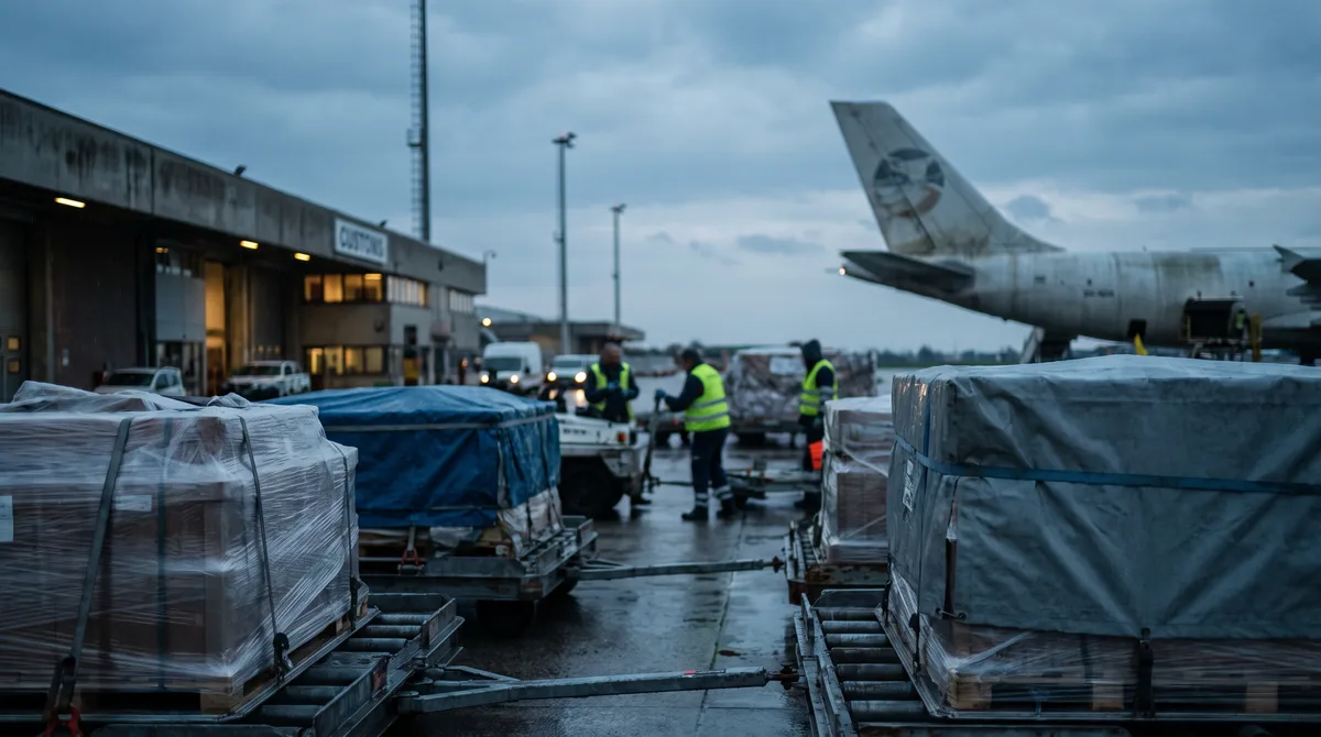 Piazzale cargo di un aeroporto con pallet filmati e la coda di un aereo merci sullo sfondo al crepuscolo